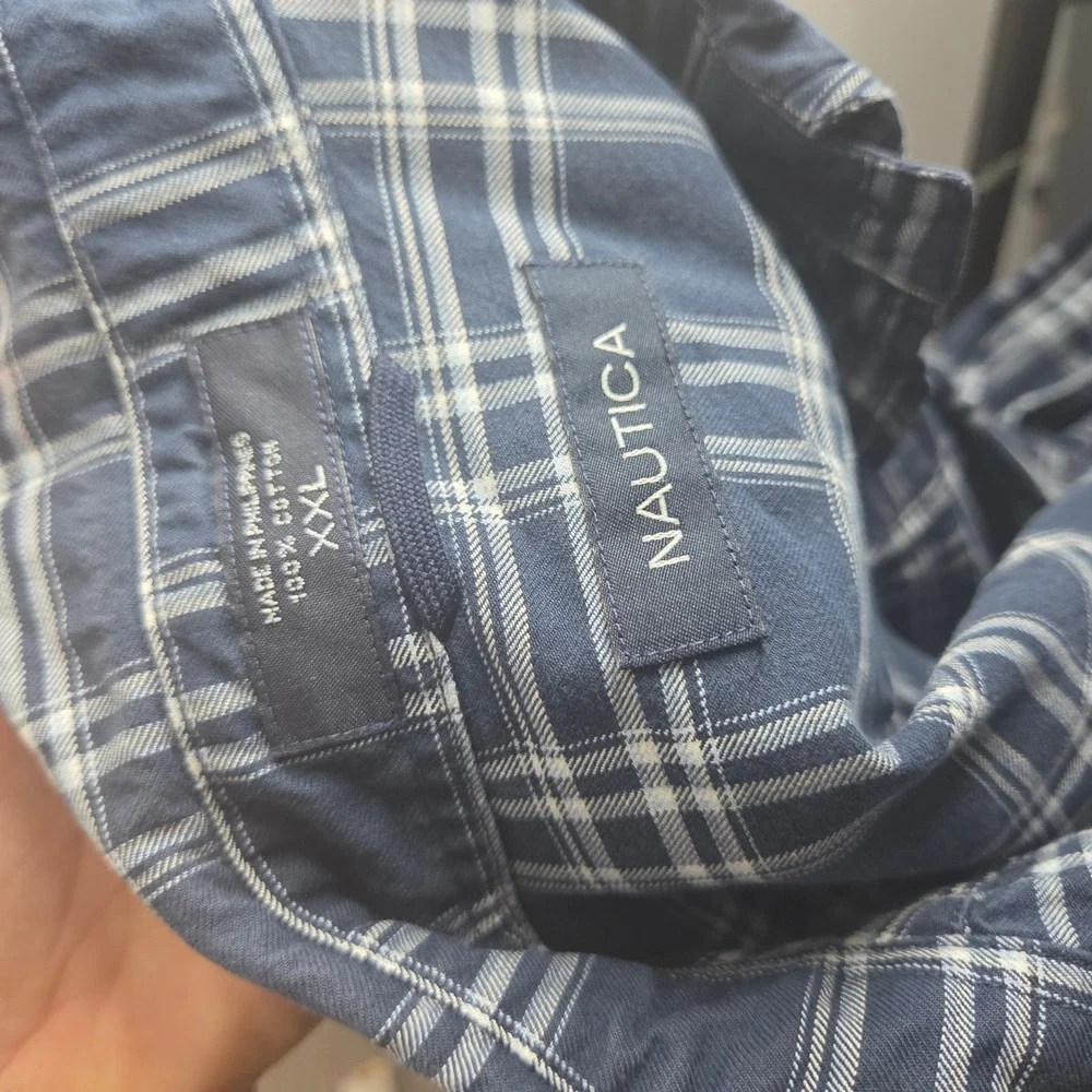 Nautica Mens XXL Navy Blue White Plaid Cotton Long Sleeve Button Down Shirt